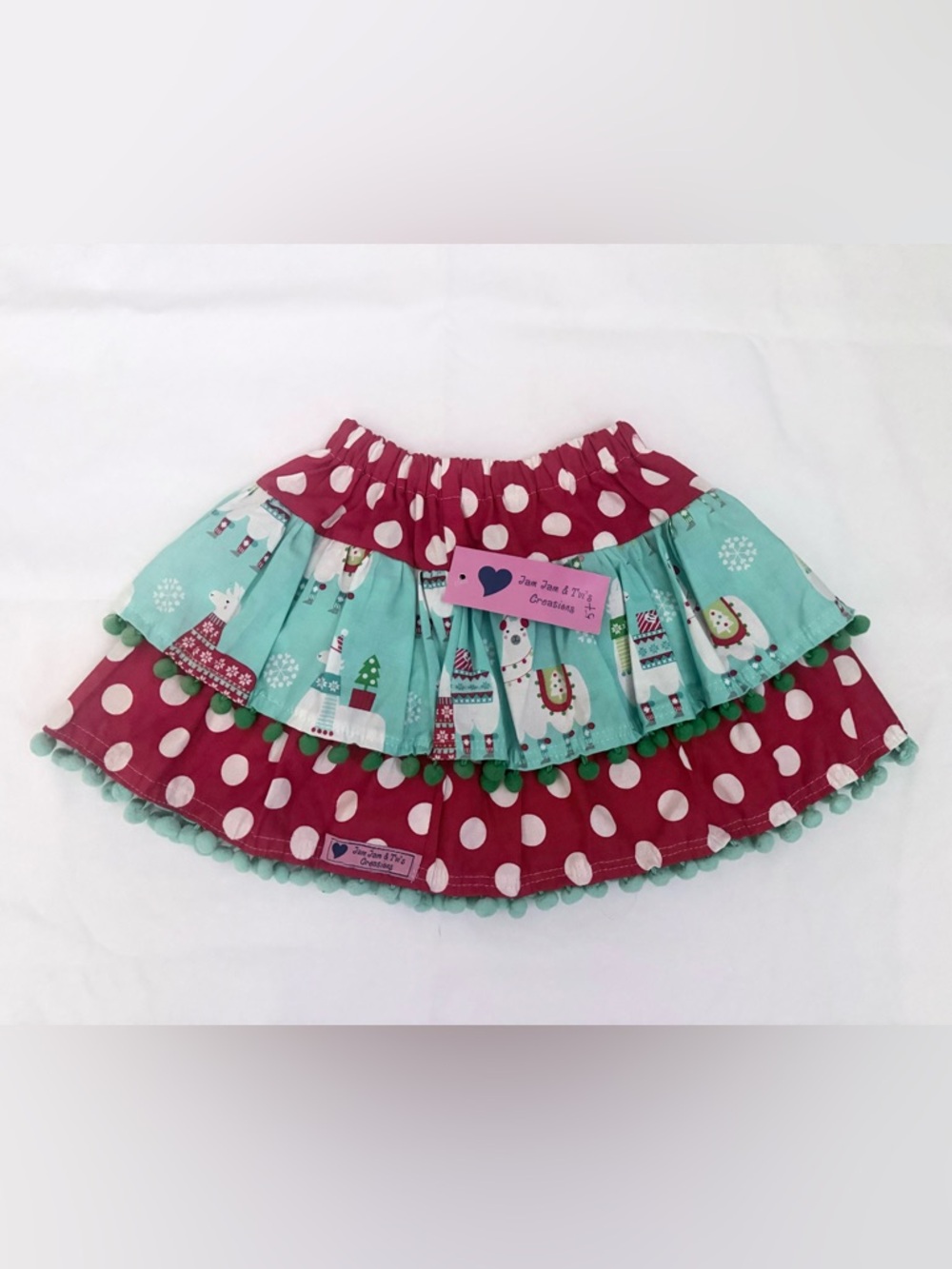 Girls Handmade Skirt Green Blue White Llamas Pom Pom Trim Elastic Waist Size 5